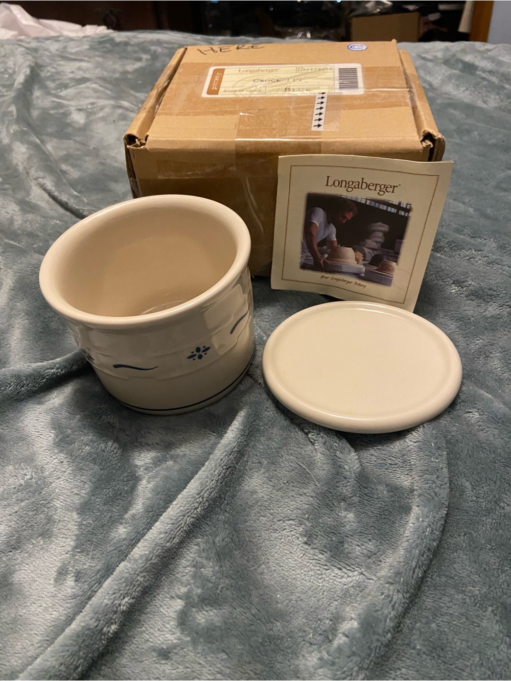Longaberger Cream Ceramic Crock with Blue Floral Accent